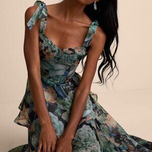 NWT Lulus Black Floral Organza Tie-strap Tiered Midi Dress - Size M